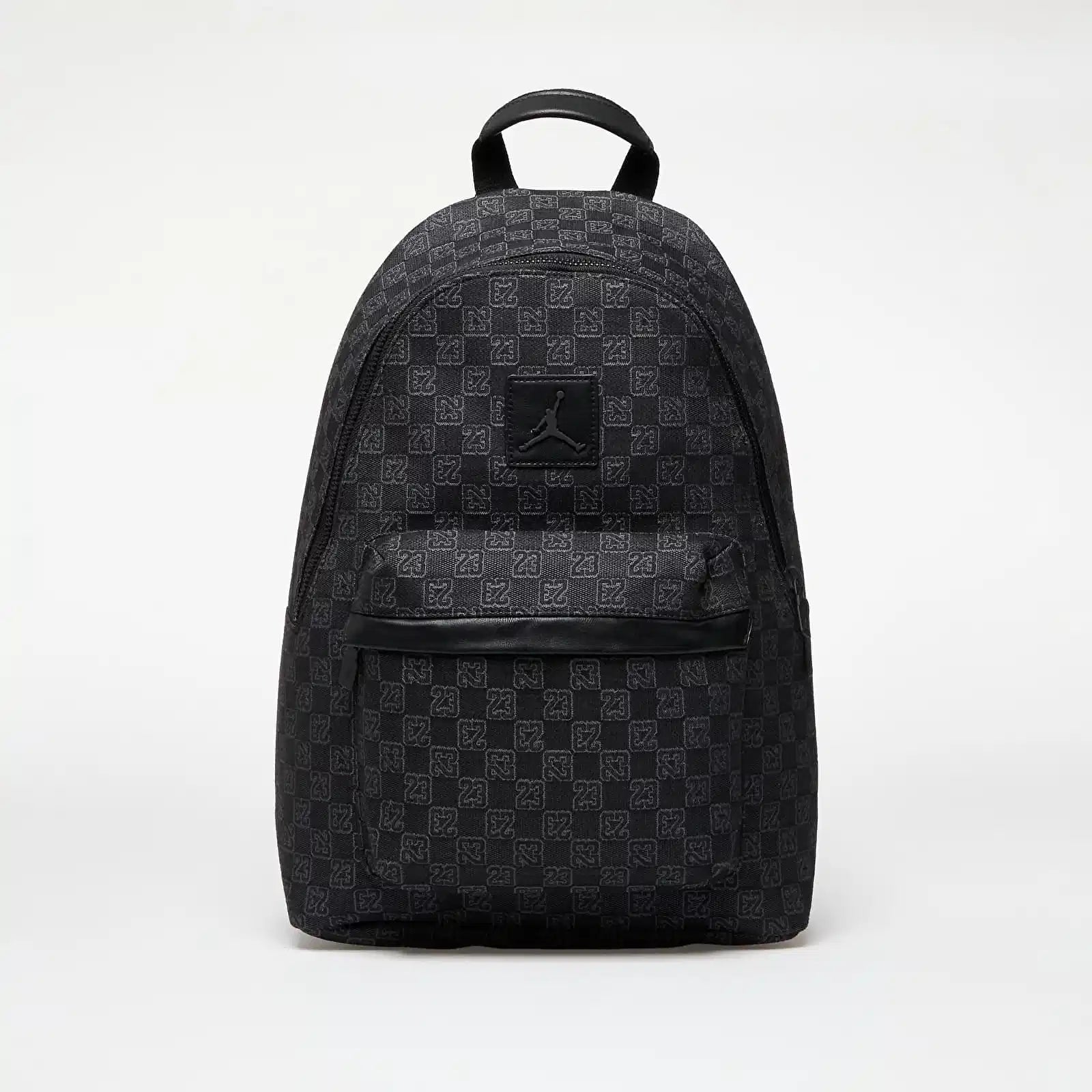Black checkered backpack with a logo on a white background