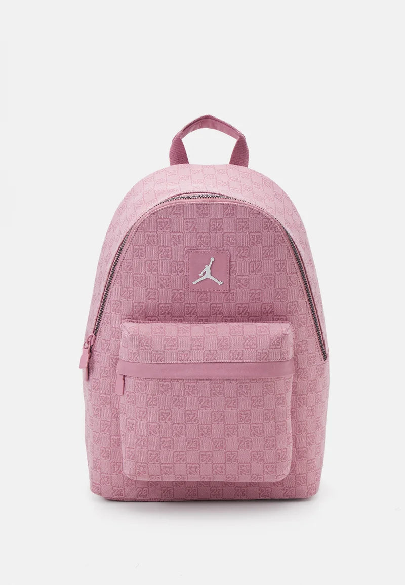 Pink backpack with a logo on a white background